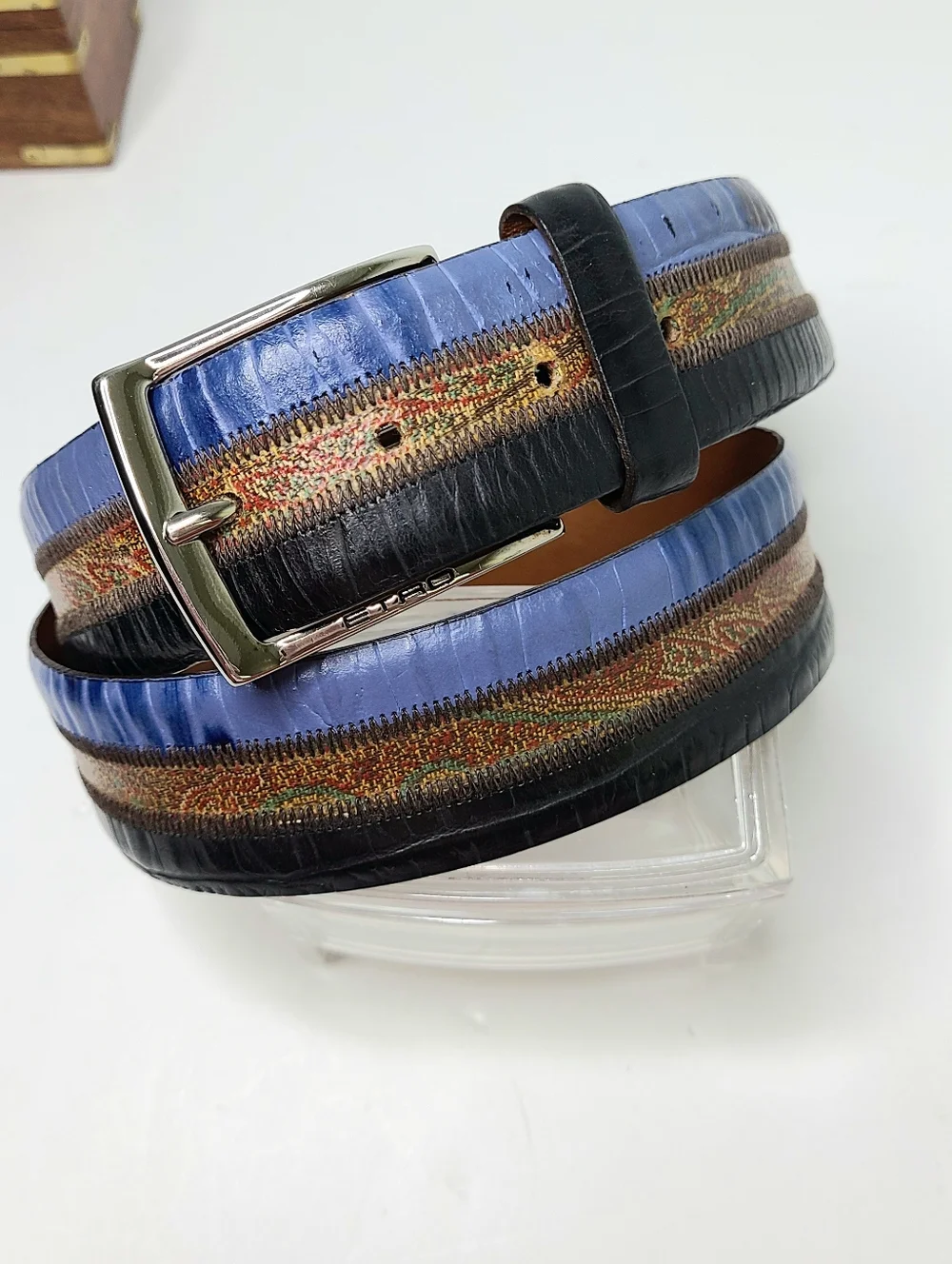 Etro Milano Made In Italy Paisley Striped Color Block Genuine Leather Belt
